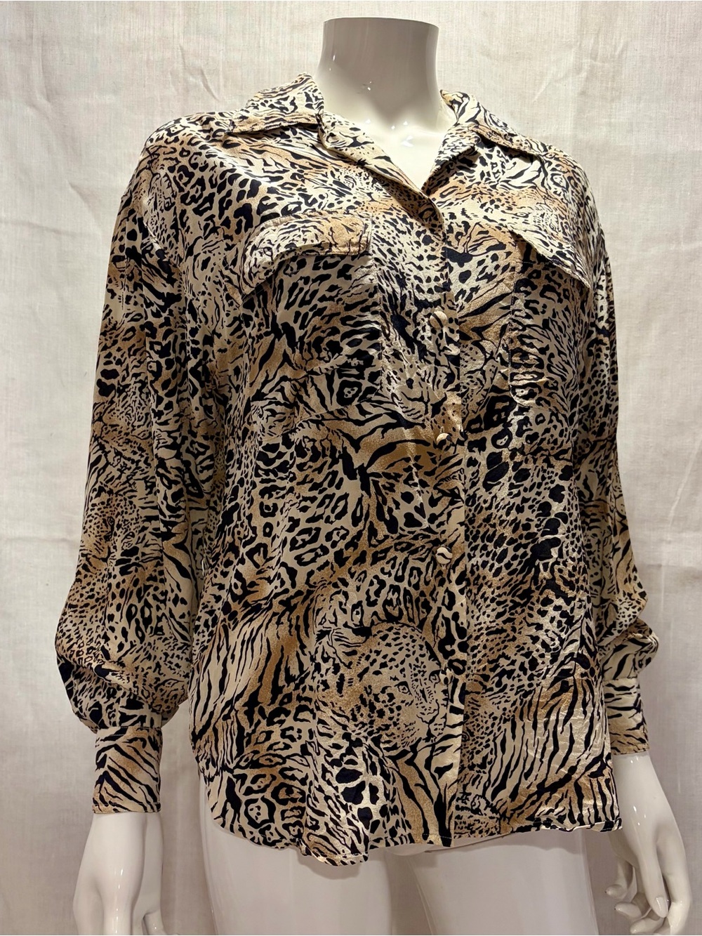 JH Collectibles 100% Silk Animal Print Button-Down Blouse in Tan and Black
